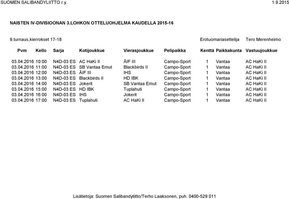 04.2016 15:00 N4D-03 ES HD IBK Tuplahuti Campo-Sport 1 Vantaa AC HaKi II 03.04.2016 16:00 N4D-03 ES IHS Jokerit Campo-Sport 1 Vantaa AC HaKi II 03.04.2016 17:00 N4D-03 ES Tuplahuti AC HaKi II Campo-Sport 1 Vantaa AC HaKi II
