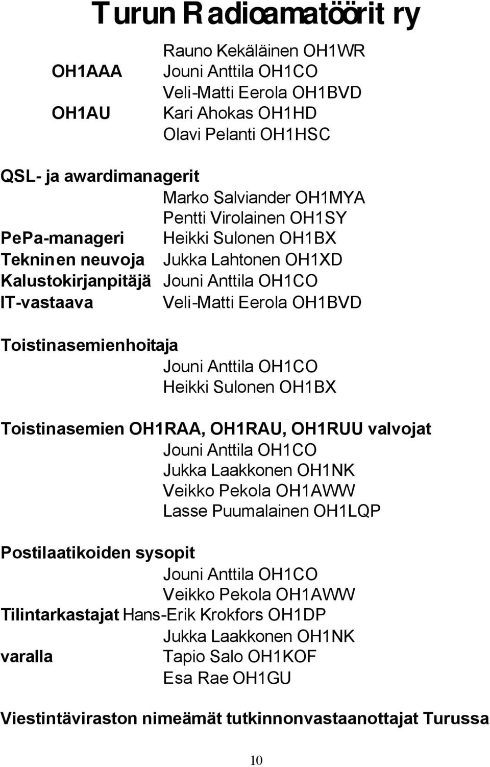 Anttila OH1CO Heikki Sulonen OH1BX Toistinasemien OH1RAA, OH1RAU, OH1RUU valvojat Jouni Anttila OH1CO Jukka Laakkonen OH1NK Veikko Pekola OH1AWW Lasse Puumalainen OH1LQP Postilaatikoiden sysopit