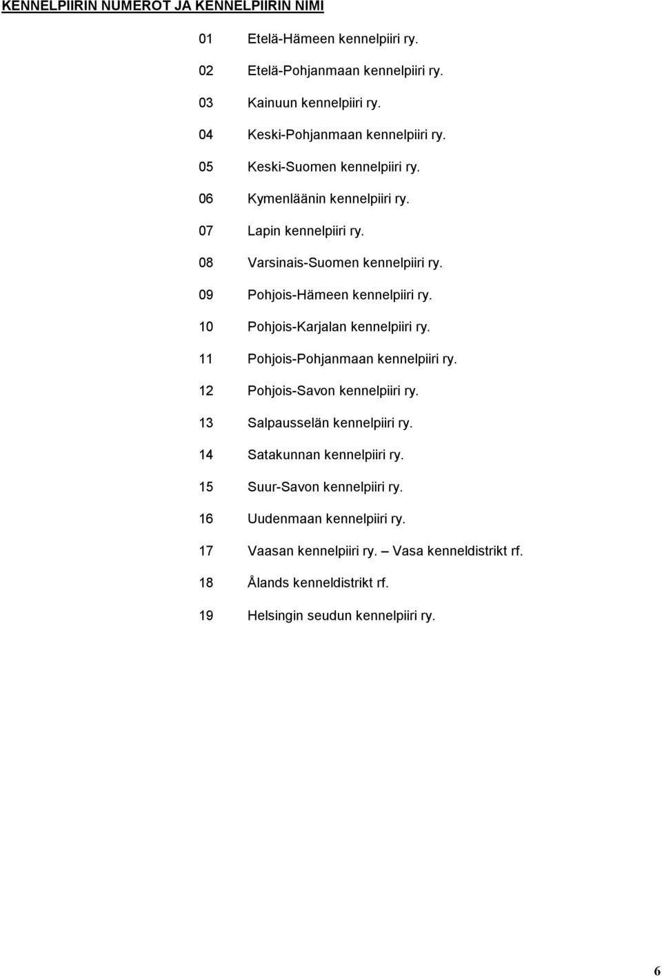 09 Pohjois-Hämeen kennelpiiri ry. 10 Pohjois-Karjalan kennelpiiri ry. 11 Pohjois-Pohjanmaan kennelpiiri ry. 12 Pohjois-Savon kennelpiiri ry.