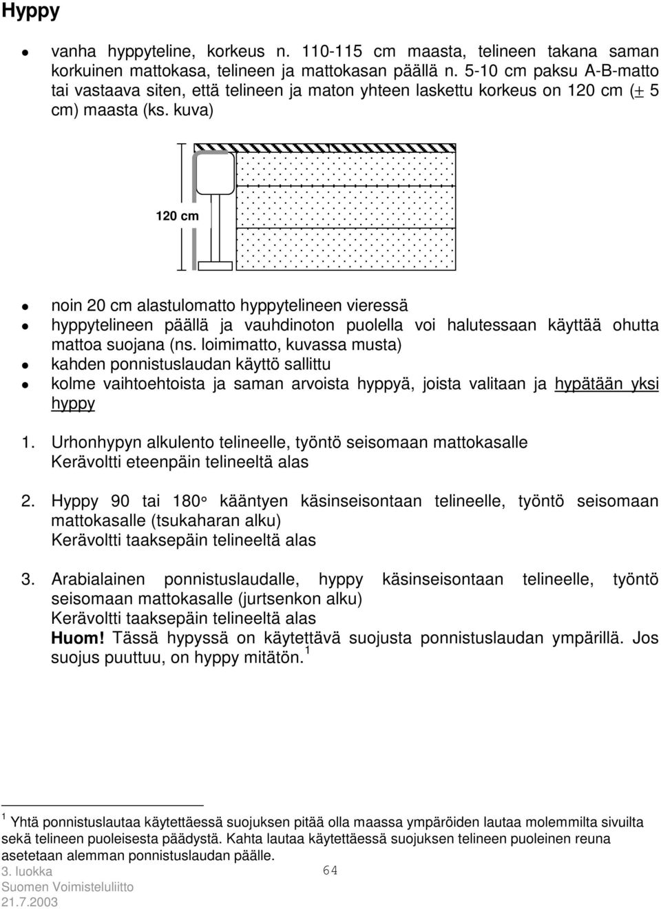 kuva) 120 cm noin 20 cm alastulomatto hyppytelineen vieressä hyppytelineen päällä ja vauhdinoton puolella voi halutessaan käyttää ohutta mattoa suojana (ns.