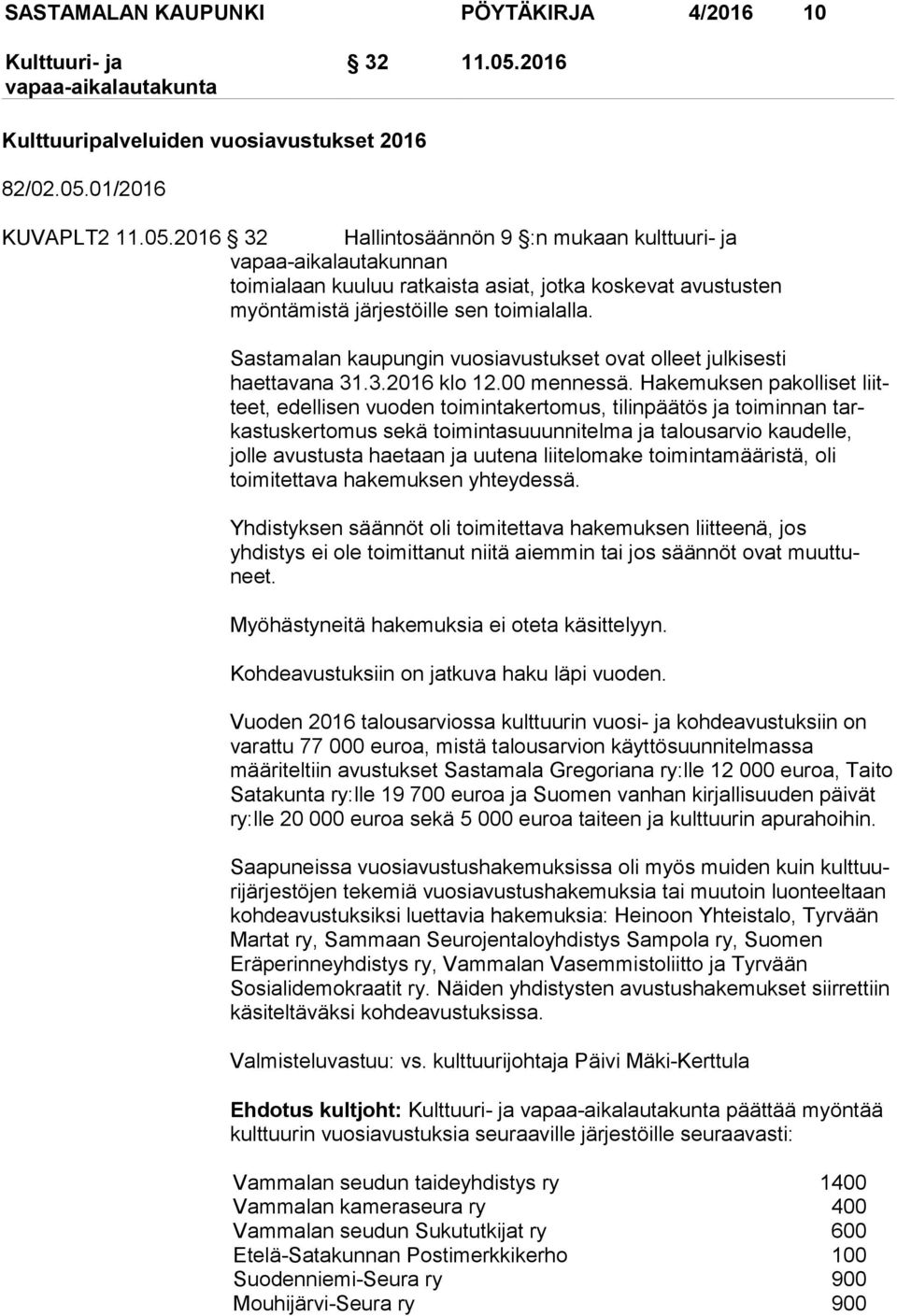 01/2016 KUVAPLT2 11.05.2016 32 Hallintosäännön 9 :n mukaan kulttuuri- ja vapaa-aikalautakunnan toimialaan kuuluu ratkaista asiat, jotka koskevat avustusten myöntämistä järjestöille sen toimialalla.