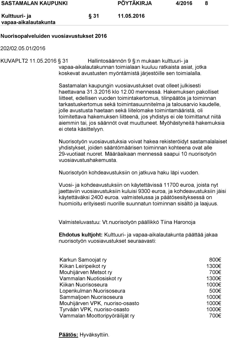 01/2016 KUVAPLT2 11.05.2016 31 Hallintosäännön 9 :n mukaan kulttuuri- ja vapaa-aikalautakunnan toimialaan kuuluu ratkaista asiat, jotka koskevat avustusten myöntämistä järjestöille sen toimialalla.