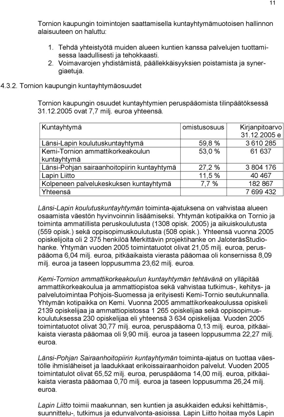 Voimavarojen yhdistämistä, päällekkäisyyksien poistamista ja synergiaetuja. 4.3.2. Tornion kaupungin kuntayhtymäosuudet Tornion kaupungin osuudet kuntayhtymien peruspääomista tilinpäätöksessä 31.12.