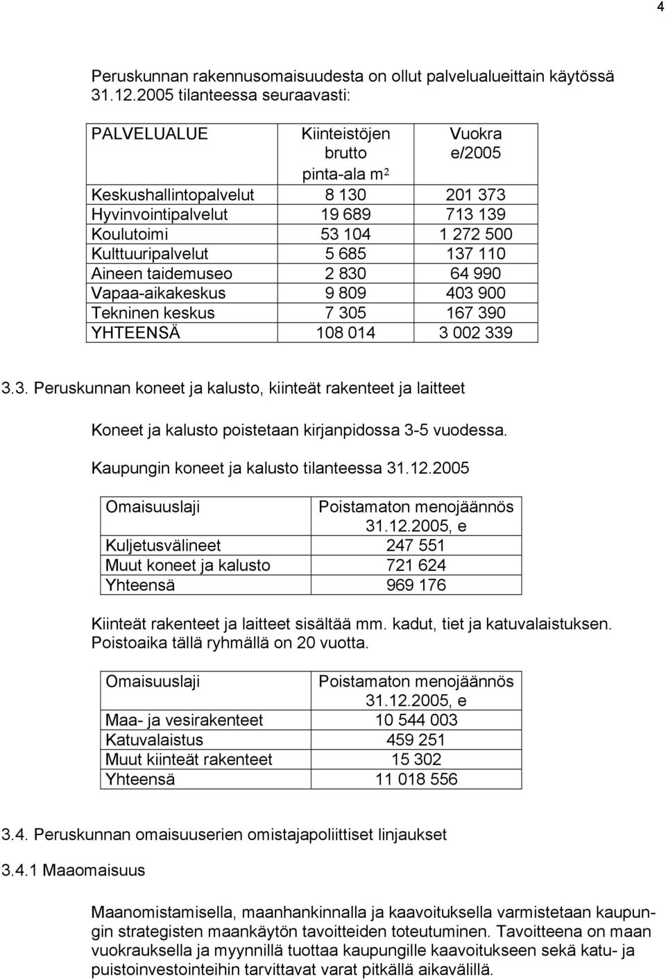 Kulttuuripalvelut 5 685 137 110 Aineen taidemuseo 2 830 64 990 Vapaa-aikakeskus 9 809 403 900 Tekninen keskus 7 305 167 390 YHTEENSÄ 108 014 3 002 339 3.3. Peruskunnan koneet ja kalusto, kiinteät rakenteet ja laitteet Koneet ja kalusto poistetaan kirjanpidossa 3-5 vuodessa.