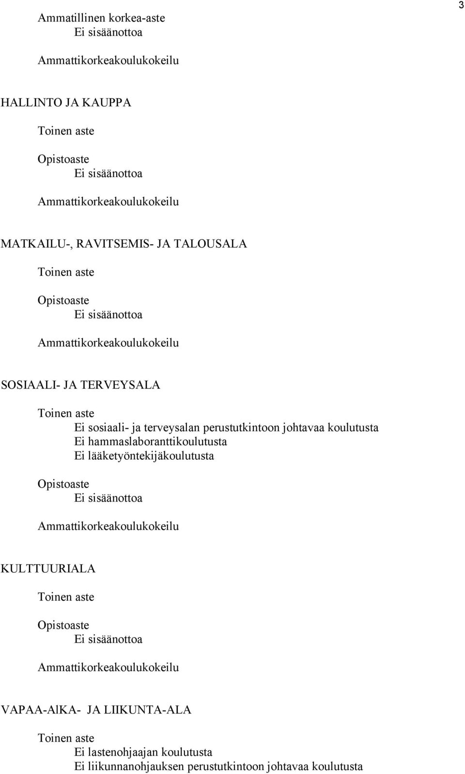 Ei hammaslaboranttikoulutusta Ei lääketyöntekijäkoulutusta KULTTUURIALA VAPAA-AlKA- JA