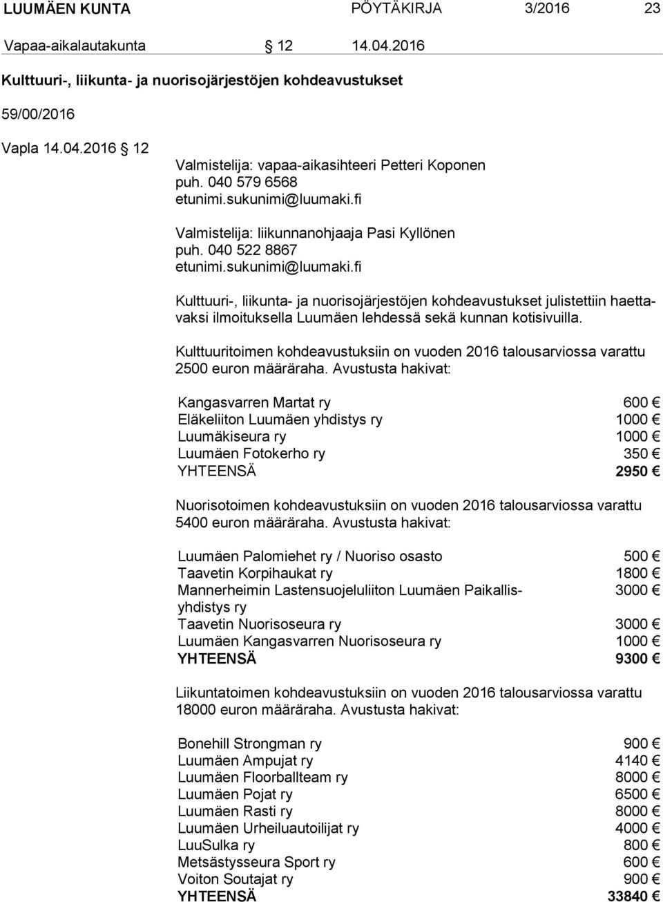 040 522 8867 Kulttuuri-, liikunta- ja nuorisojärjestöjen kohdeavustukset julistettiin haet tavak si ilmoituksella Luumäen lehdessä sekä kunnan kotisivuilla.