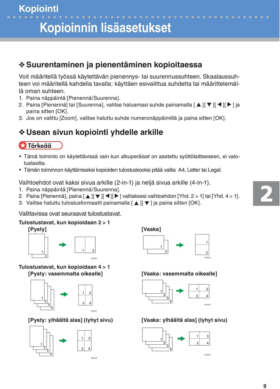 Tulostustavat, kun kopioidaan 4 > 1 [Pysty: vasemmalta oikealle] [Vaaka: vasemmalta oikealle]