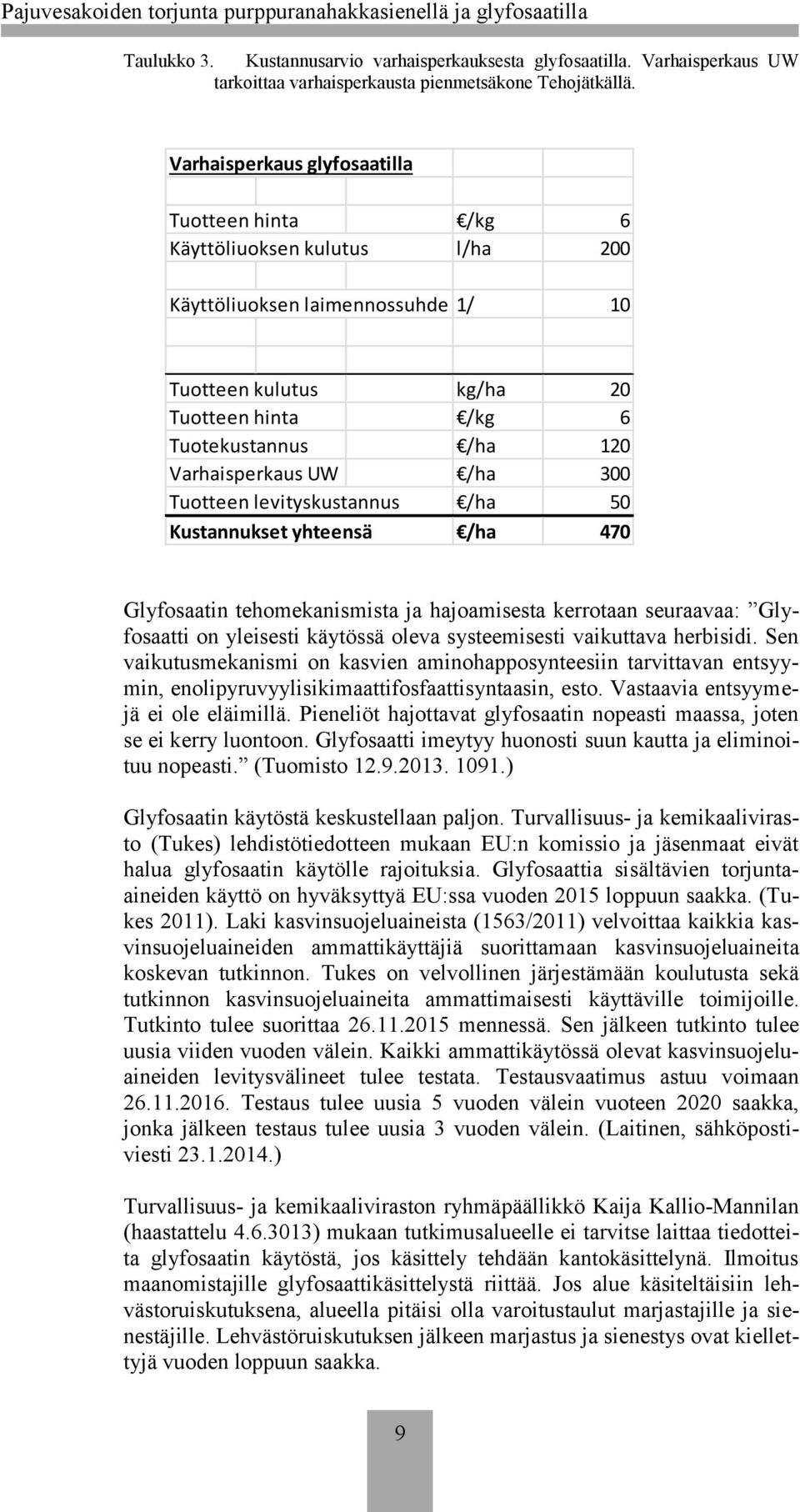 Varhaisperkaus UW /ha 300 Tuotteen levityskustannus /ha 50 Kustannukset yhteensä /ha 470 Glyfosaatin tehomekanismista ja hajoamisesta kerrotaan seuraavaa: Glyfosaatti on yleisesti käytössä oleva