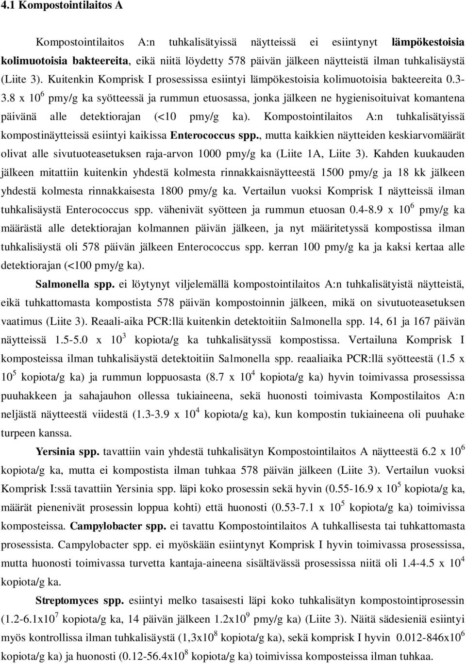 8 x 10 6 pmy/g ka syötteessä ja rummun etuosassa, jonka jälkeen ne hygienisoituivat komantena päivänä alle detektiorajan (<10 pmy/g ka).