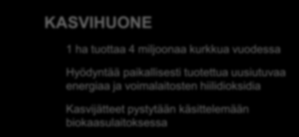 4 KASVIHUONE 1 ha tuottaa 4 miljoonaa kurkkua vuodessa Hyödyntää paikallisesti tuotettua