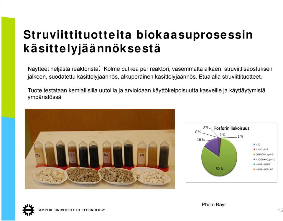 käsittelyjäännös, alkuperäinen käsittelyjäännös. Etualalla struviittituotteet.