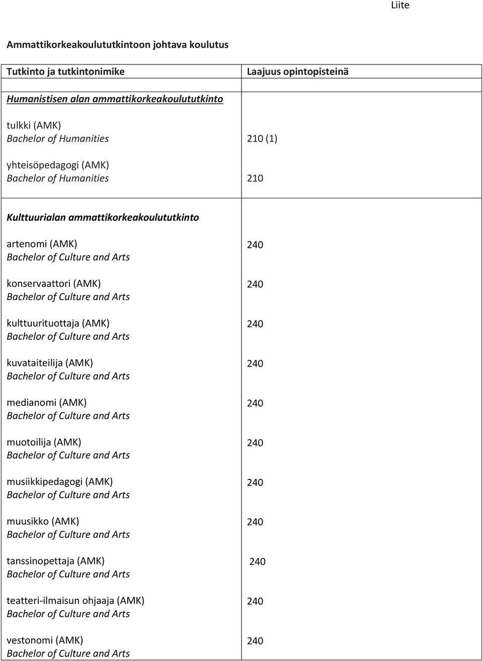 Bachelor of Culture and Arts kuvataiteilija (AMK) Bachelor of Culture and Arts medianomi (AMK) Bachelor of Culture and Arts muotoilija (AMK) Bachelor of Culture and Arts musiikkipedagogi (AMK)
