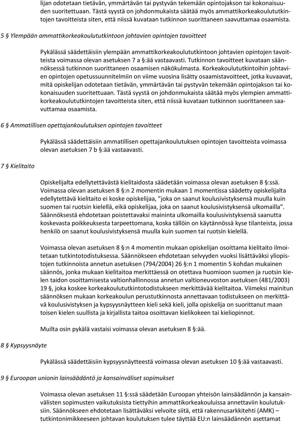 5 Ylempään ammattikorkeakoulututkintoon johtavien opintojen tavoitteet Pykälässä säädettäisiin ylempään ammattikorkeakoulututkintoon johtavien opintojen tavoitteista voimassa olevan asetuksen 7 a :ää