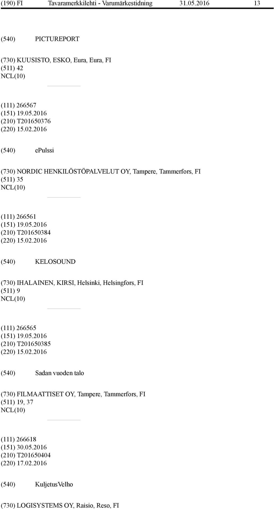 05.2016 (210) T201650385 (220) 15.02.2016 Sadan vuoden talo (730) FILMAATTISET OY, Tampere, Tammerfors, FI (511) 19, 37 (111) 266618 (210) T201650404 (220) 17.