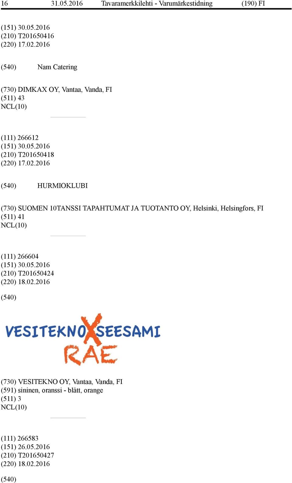 2016 HURMIOKLUBI (730) SUOMEN 10TANSSI TAPAHTUMAT JA TUOTANTO OY, Helsinki, Helsingfors, FI (511) 41 (111) 266604 (210)