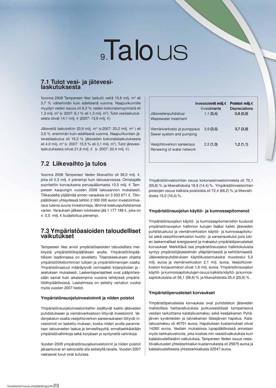 ) Jätevettä laskutettiin 20,9 milj. m 3 (v.2007: 20,2 milj. m 3 ) eli 3,6 % enemmän kuin edellisenä vuonna. Naapurikuntien jätevesilaskutus oli 19,2 % jäteveden kokonaislaskutuksesta eli 4,0 milj.