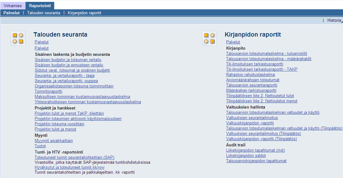 Raportointi välilehden sisältö Näkymä rajautuu käyttäjän roolin mukaan.