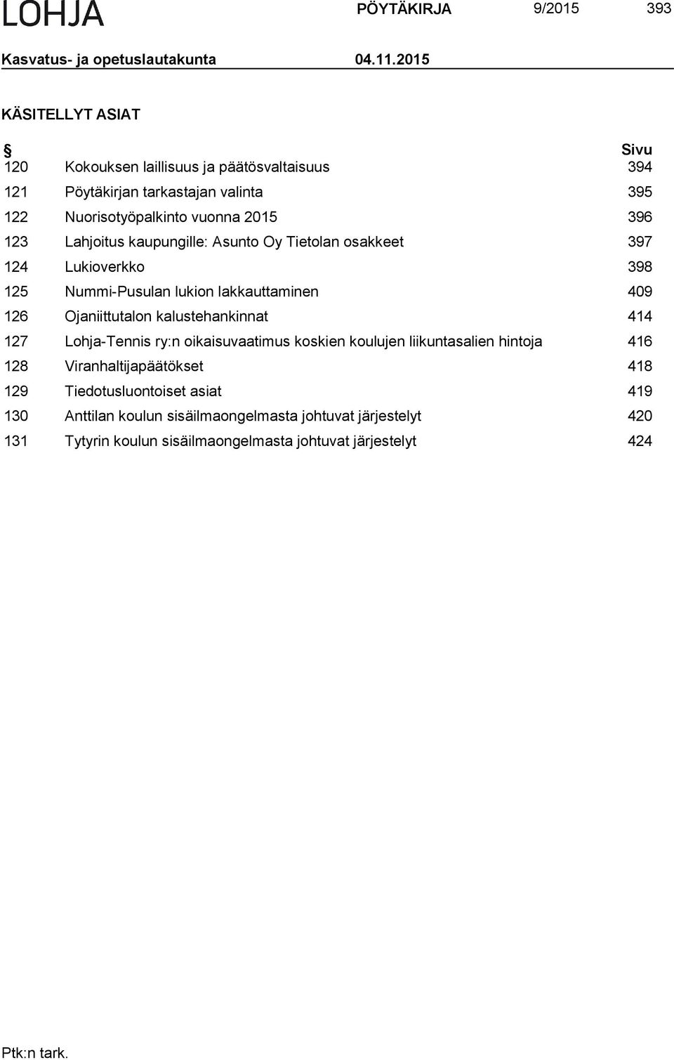 Lahjoitus kaupungille: Asunto Oy Tietolan osakkeet 397 124 Lukioverkko 398 125 Nummi-Pusulan lukion lakkauttaminen 409 126 Ojaniittutalon kalustehankinnat 414