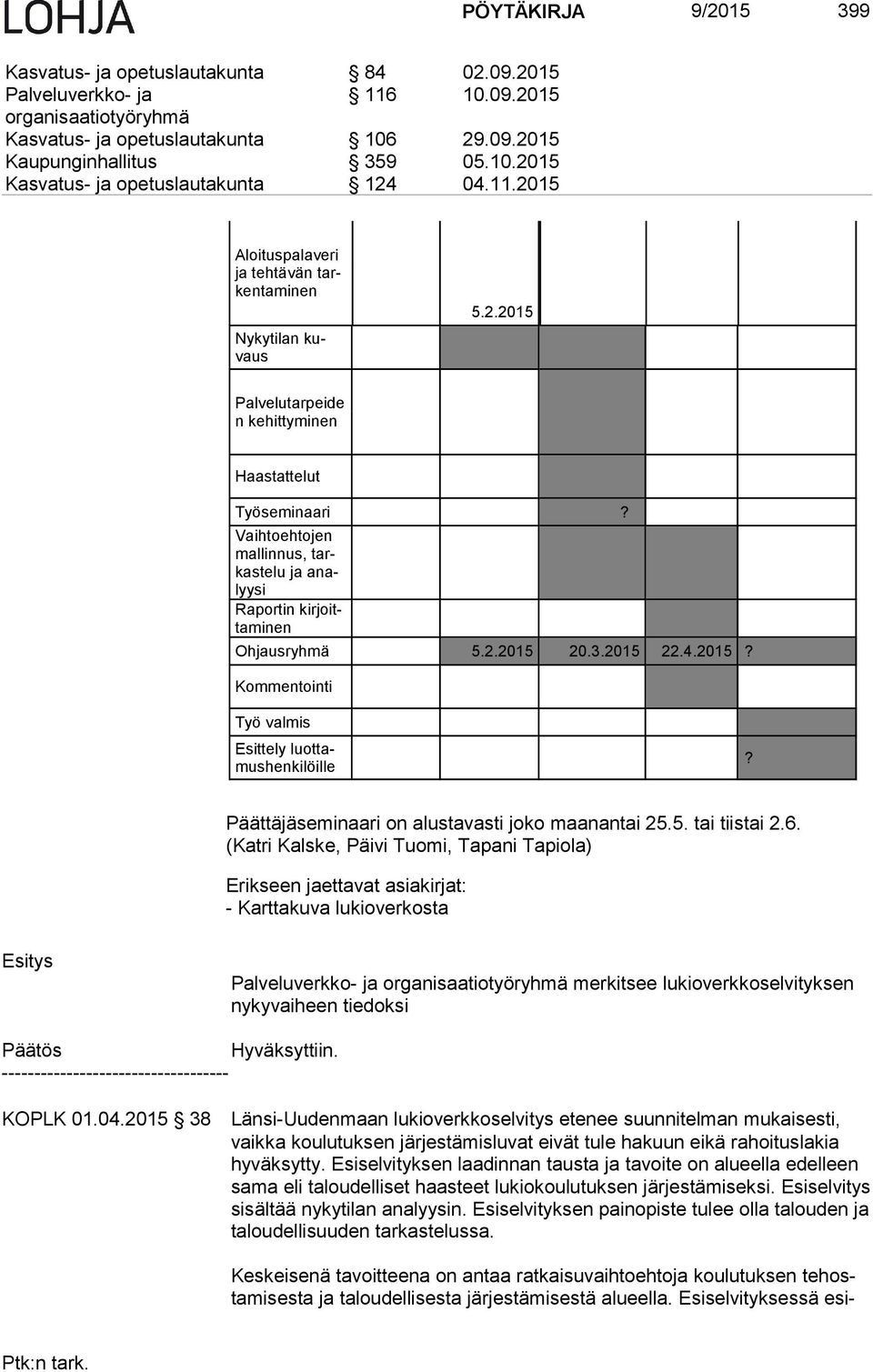 Vaihtoehtojen mal lin nus, tarkas te lu ja analyy si Raportin kir joitta mi nen Ohjausryhmä 5.2.2015 20.3.2015 22.4.2015? Kommentointi Työ valmis Esittely luot tamus hen ki löil le?