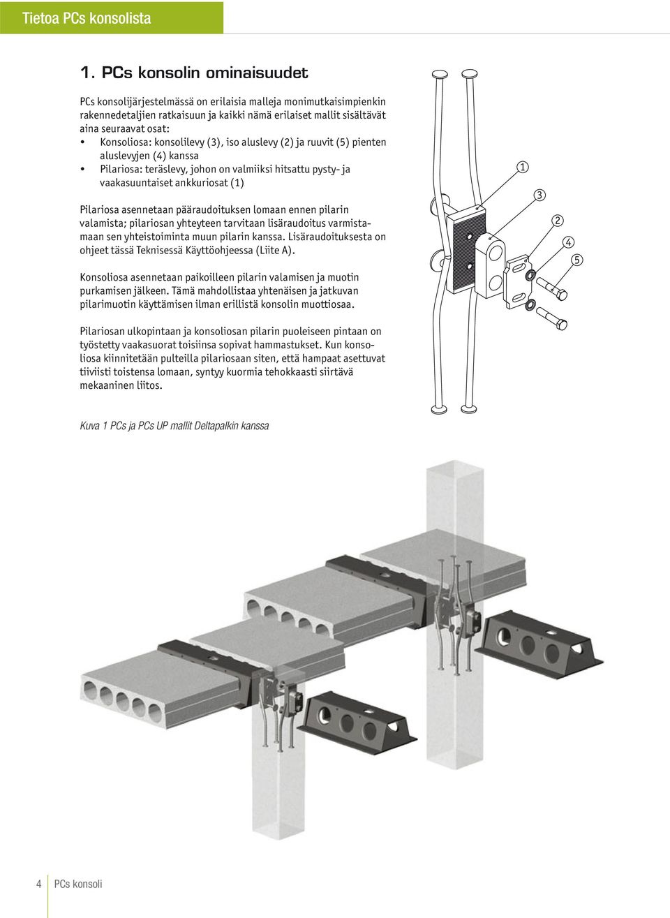konsolilevy (), iso aluslevy () ja ruuvit (5) pienten aluslevyjen (4) kanssa Pilariosa: teräslevy, johon on valmiiksi hitsattu pysty- ja vaakasuuntaiset ankkuriosat () Pilariosa asennetaan