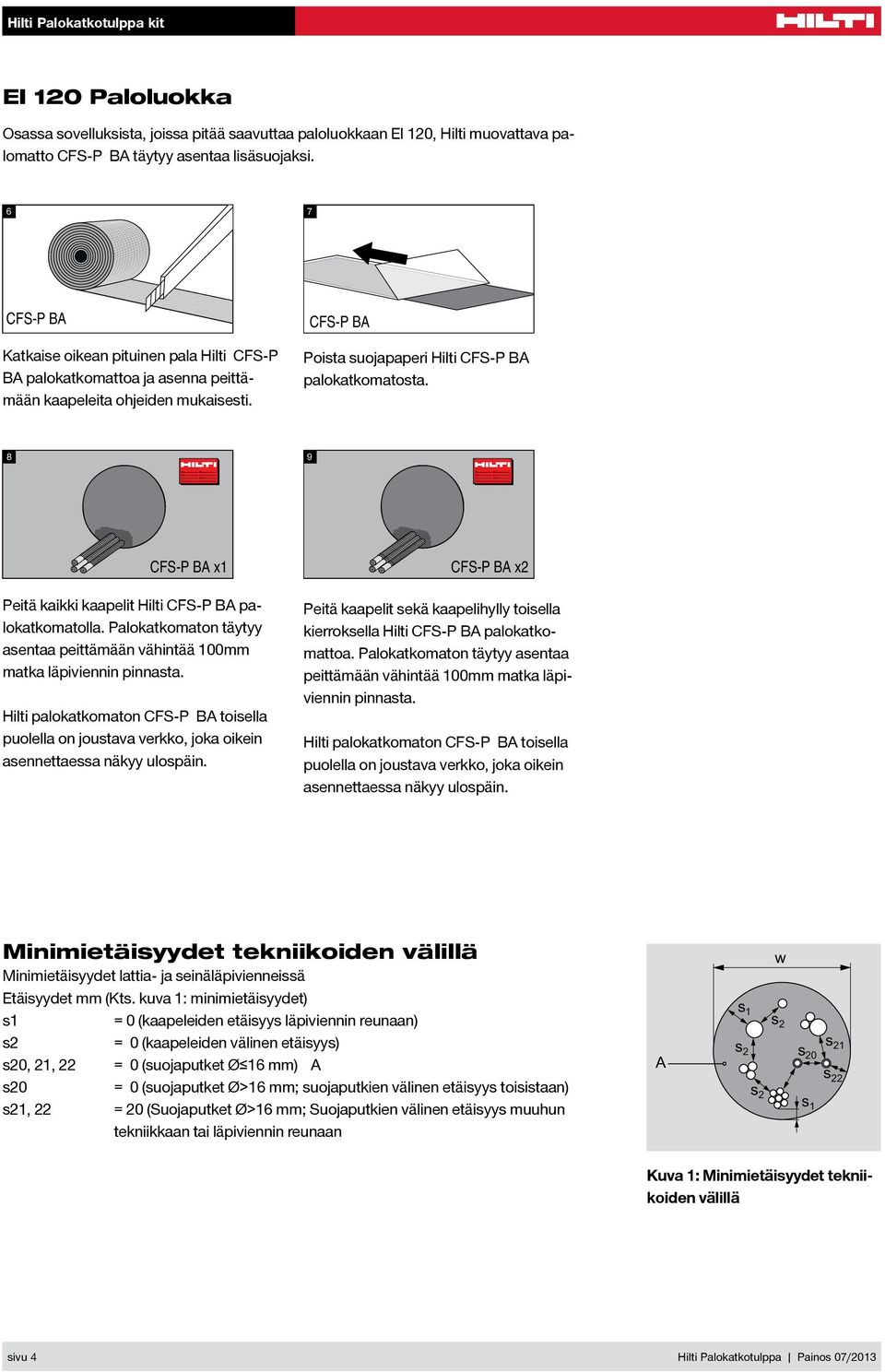 120 Paloluokka Osassa sovelluksista, joissa pitää saavuttaa paloluokkaan EI 120, Hilti muovattava palomatto CFS-P BA täytyy asentaa lisäsuojaksi.