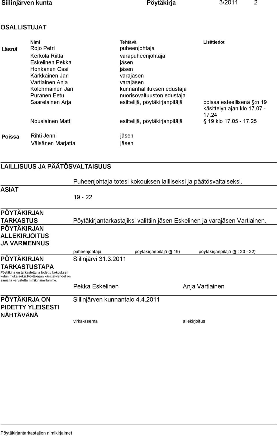 käsittelyn ajan klo 17.07-17.24 Nousiainen Matti esittelijä, pöytäkirjanpitäjä 19 klo 17.05-17.