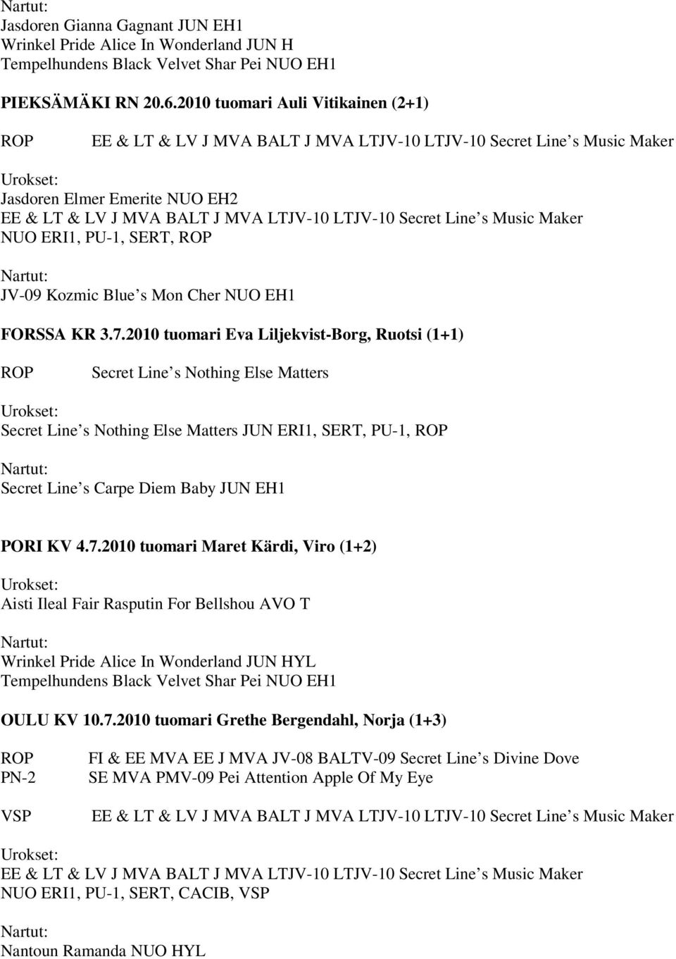 2010 tuomari Eva Liljekvist-Borg, Ruotsi (1+1) Secret Line s Nothing Else Matters Secret Line s Nothing Else Matters JUN ERI1, SERT, PU-1, Secret Line s Carpe Diem Baby JUN EH1 PORI KV 4.7.