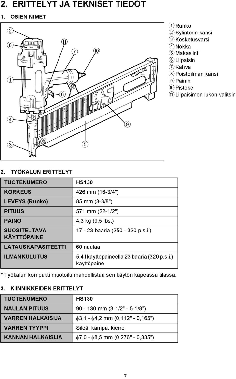 TYÖKALUN ERITTELYT TUOTENUMERO * Työkalun kompakti muotoilu mahdollistaa sen käytön kapeassa tilassa. 3.