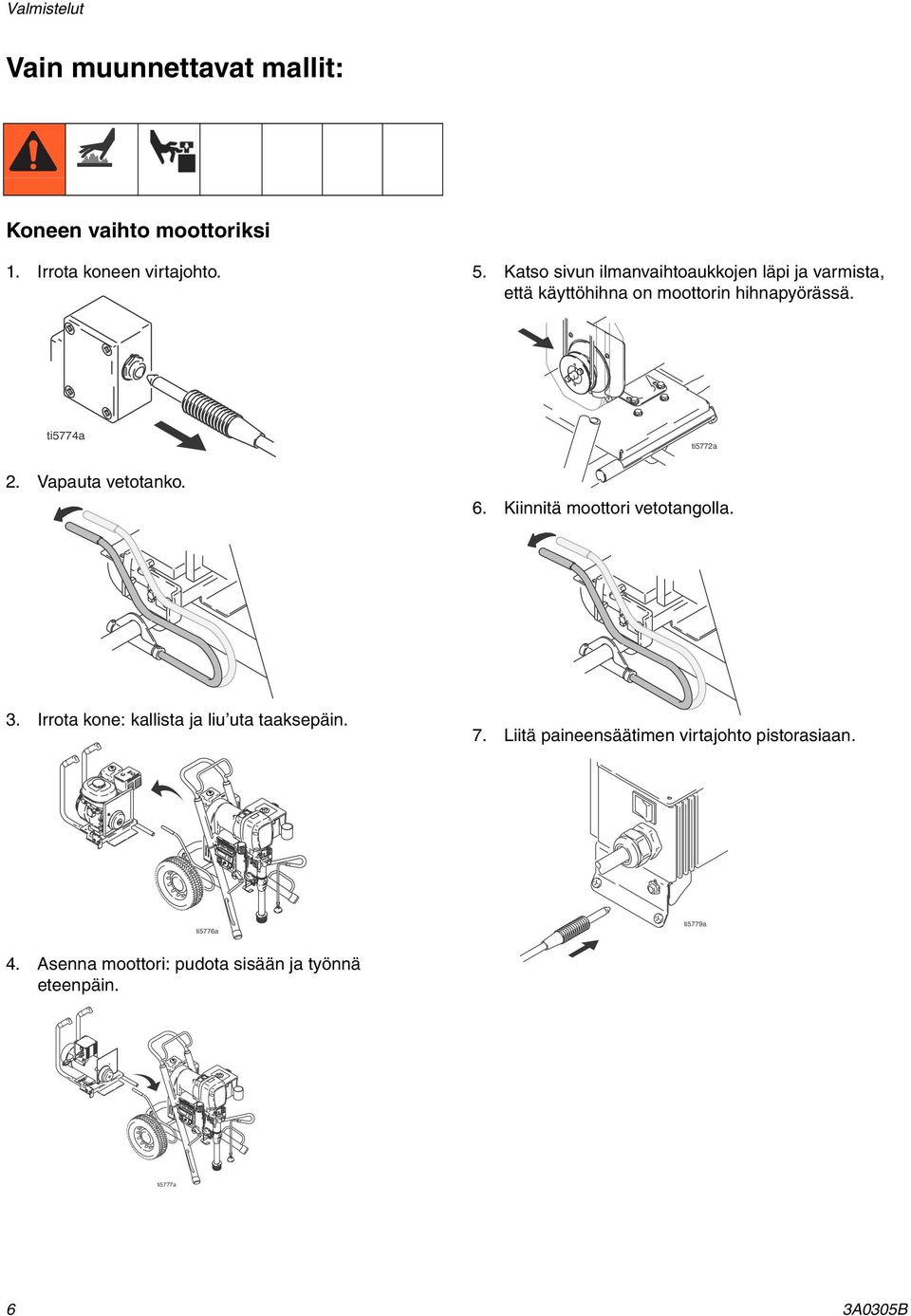 Vapauta vetotanko. ti5772a 6. Kiinnitä moottori vetotangolla. 3. Irrota kone: kallista ja liu uta taaksepäin. 7.