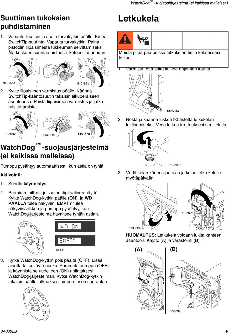 Varmista, että letku kulkee ohjainten kautta. ti10166a ti13033a ti10167a 2. Kytke liipaisimen varmistus päälle. Käännä SwitchTip-kääntösuutin takaisin alkuperäiseen asentoonsa.