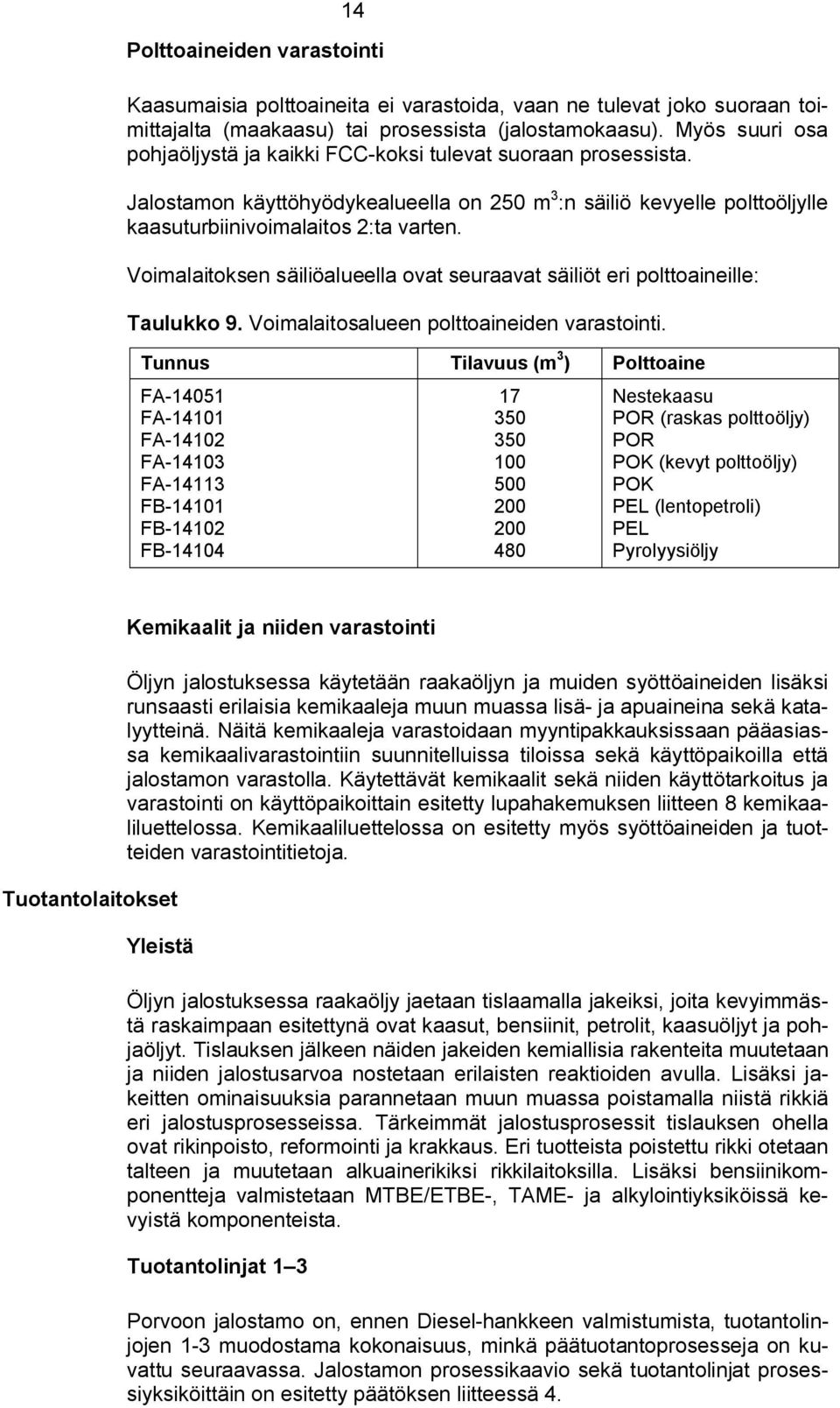 Voimalaitoksen säiliöalueella ovat seuraavat säiliöt eri polttoaineille: Taulukko 9. Voimalaitosalueen polttoaineiden varastointi.
