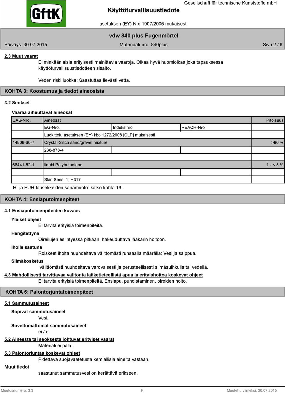 Indeksinro REACH-Nro Luokittelu asetuksen (EY) N:o 1272/2008 [CLP] mukaisesti Pitoisuus 14808-60-7 Crystal-Silica sand/gravel mixture >90 % 238-878-4 68441-52-1 liquid Polybutadiene 1 - < 5 % Skin