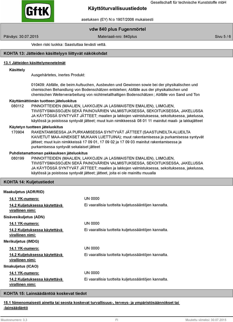 Bodenschätzen entstehen; Abfälle aus der physikalischen und chemischen Weiterverarbeitung von nichtmetallhaltigen Bodenschätzen ; Abfälle von Sand und Ton Käyttämättömän tuotteen jäteluokitus 080112