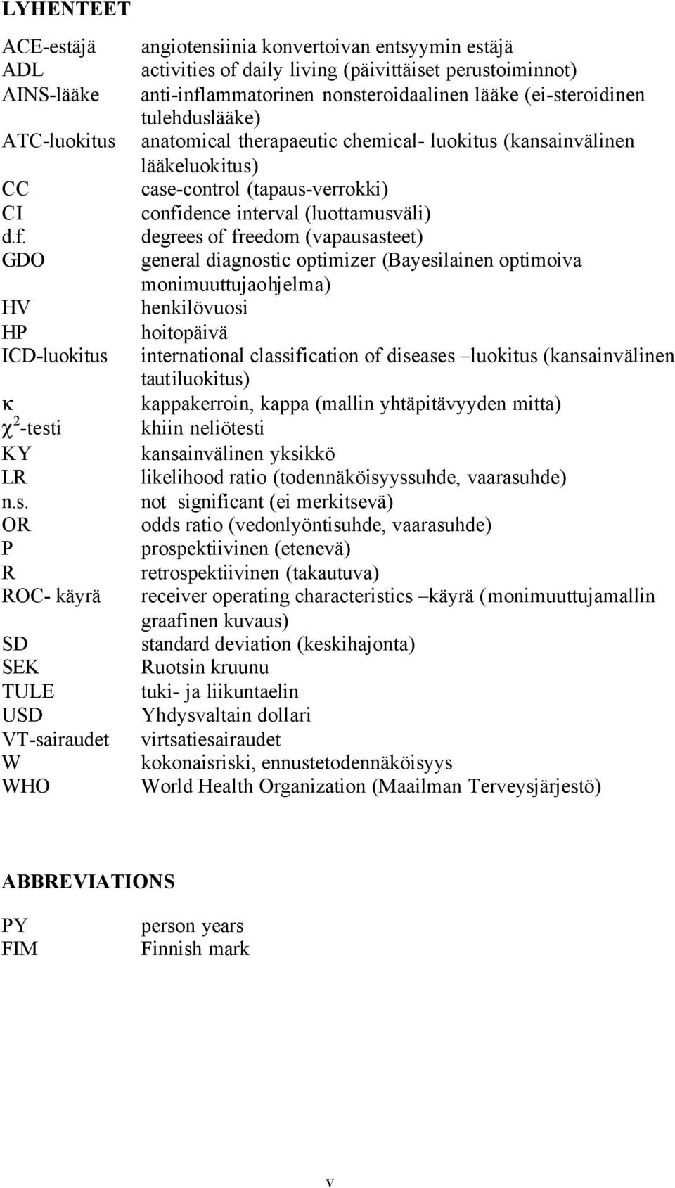 CC CI d.f. GDO HV HP ICD-luokitus 
