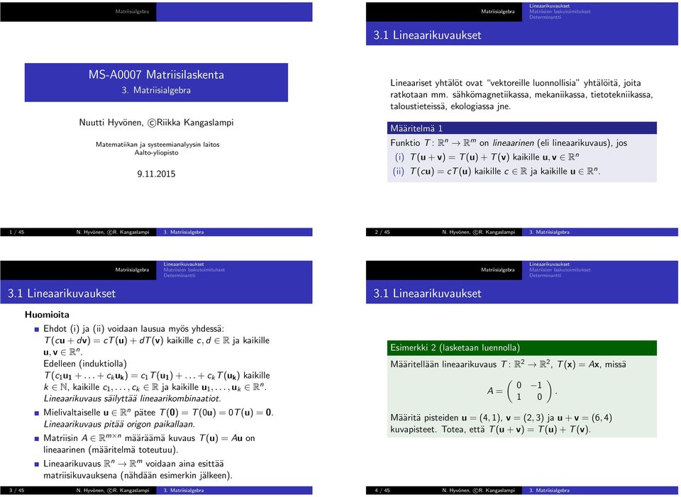 kaikille u, v R n (ii) T (cu) ct (u) kaikille c R ja kaikille u R n / 45 N Hyvönen, c R Kangaslampi 3 2 / 45 N Hyvönen, c R Kangaslampi 3 3 3 Huomioita Ehdot (i) ja (ii) voidaan lausua myös yhdessä: