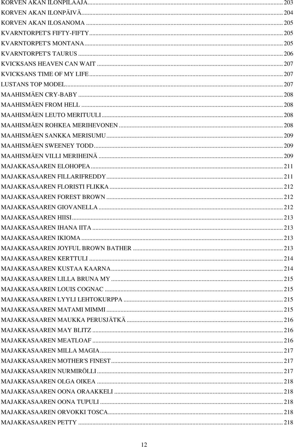 .. 208 MAAHISMÄEN ROHKEA MERIHEVONEN... 208 MAAHISMÄEN SANKKA MERISUMU... 209 MAAHISMÄEN SWEENEY TODD... 209 MAAHISMÄEN VILLI MERIHEINÄ... 209 MAJAKKASAAREN ELOHOPEA... 211 MAJAKKASAAREN FILLARIFREDDY.