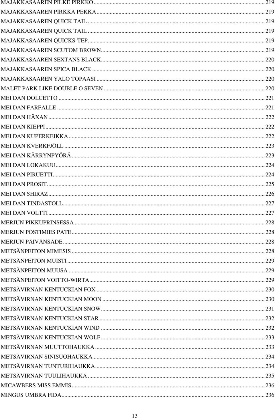 .. 221 MEI DAN HÄXAN... 222 MEI DAN KIEPPI... 222 MEI DAN KUPERKEIKKA... 222 MEI DAN KVERKFJÖLL... 223 MEI DAN KÄRRYNPYÖRÄ... 223 MEI DAN LOKAKUU... 224 MEI DAN PIRUETTI... 224 MEI DAN PROSIT.