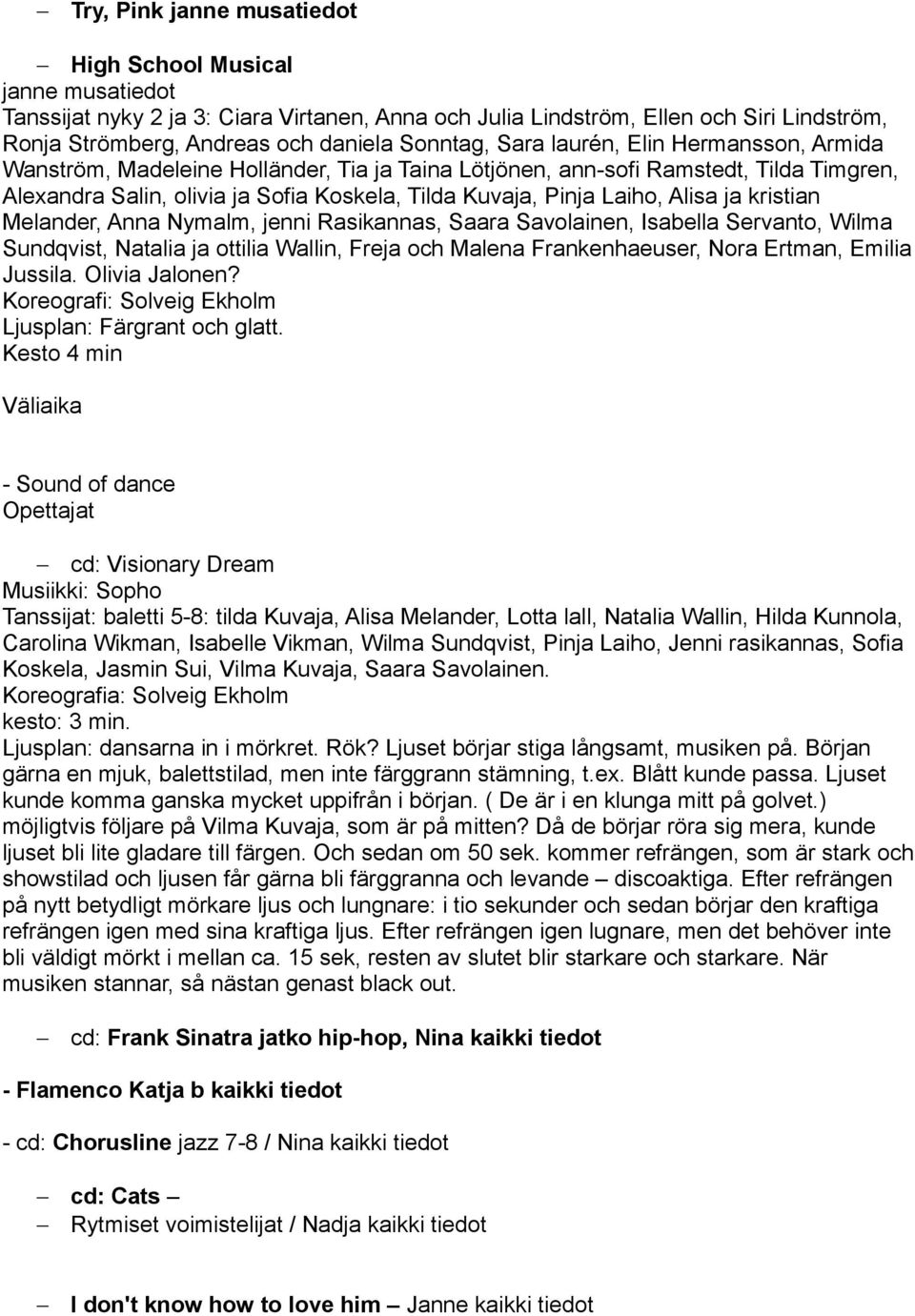 Laiho, Alisa ja kristian Melander, Anna Nymalm, jenni Rasikannas, Saara Savolainen, Isabella Servanto, Wilma Sundqvist, Natalia ja ottilia Wallin, Freja och Malena Frankenhaeuser, Nora Ertman, Emilia