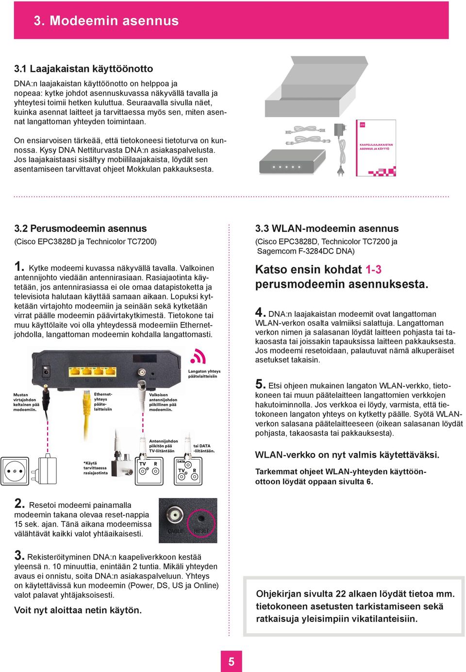 Kysy DNA Nettiturvasta DNA:n asiakaspalvelusta. Jos laajakaistaasi sisältyy mobiililaajakaista, löydät sen asentamiseen tarvittavat ohjeet Mokkulan pakkauksesta. 3.