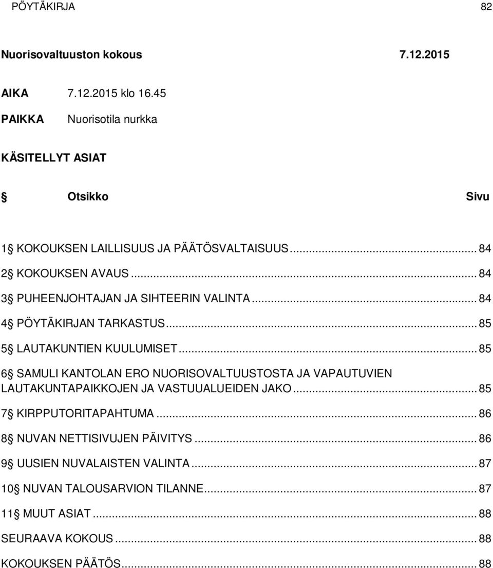 .. 84 3 PUHEENJOHTAJAN JA SIHTEERIN VALINTA... 84 4 PÖYTÄKIRJAN TARKASTUS... 85 5 LAUTAKUNTIEN KUULUMISET.