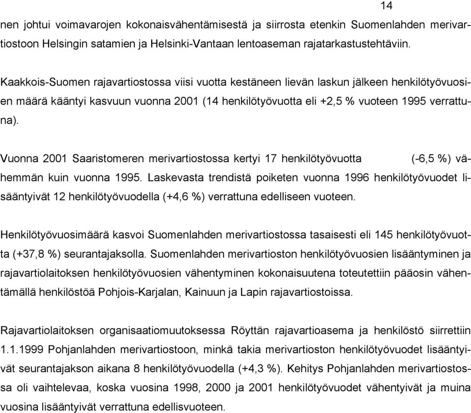 Vuonna 2001 Saaristomeren merivartiostossa kertyi 17 henkilötyövuotta (-6,5 %) vähemmän kuin vuonna 1995.