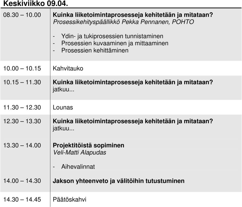 kehittäminen 10.15 11.30 Kuinka liiketoimintaprosesseja kehitetään ja mitataan? jatkuu... 11.30 12.30 Lounas 12.30 13.