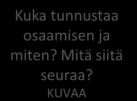 OSAAMISEN NÄKYVÄKSI TEKEMINEN VAADITTAVA OSAAMINEN ARVIOINNIN KOHTEET JA TASOT YKSILÖN OSAAMINEN NÄKYVÄKSI TUNNISTAMISEN PROSESSI / KEINOT / TILANNE TUNNUSTAMINEN Mistä osaamisesta kysymys?