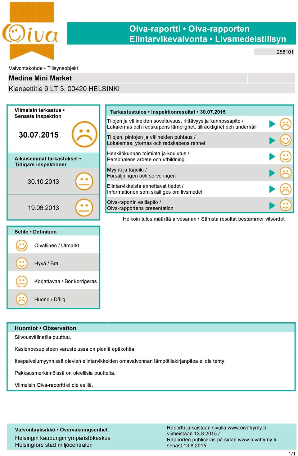 2015 ilojen ja älineiden soeltuuus, riittäyys ja kunnossapito / Lokalernas och redskapens lämplighet, tillräcklighet och underhåll ilojen, pintojen ja älineiden puhtaus / Lokalernas, ytornas och