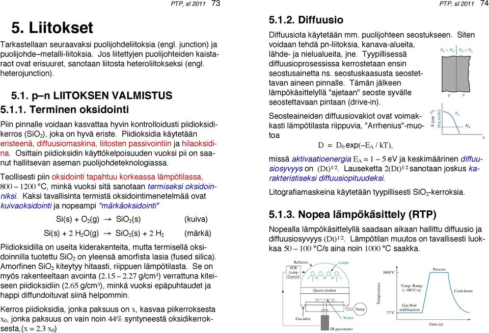p n LIITOKSEN VALMISTUS 5.1.1. Terminen oksidointi Piin pinnalle voidaan kasvattaa hyvin kontrolloidusti piidioksidikerros (SiO 2 ), joka on hyvä eriste.