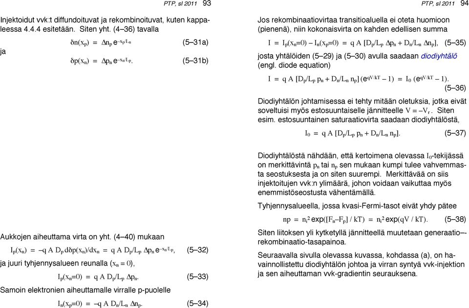 n p ], (5 35) josta yhtälöiden (5 29) ja (5 30) avulla saadaan diodiyhtälö (engl. diode equation) I = q A [D p /L p p n + D n /L n n p ] (e qv/kt 1) = I 0 (e qv/kt 1).