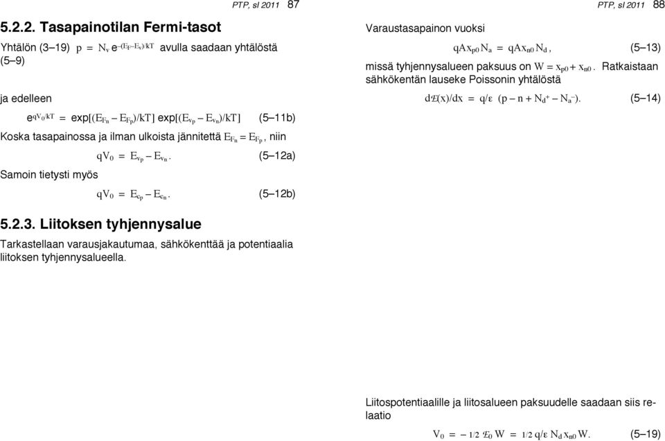 PTP, sl 2011 87 (5 12a) (5 12b) Varaustasapainon vuoksi PTP, sl 2011 88 qax p0 N a = qax n0 N d, (5 13) missä tyhjennysalueen paksuus on W = x p0 + x n0.