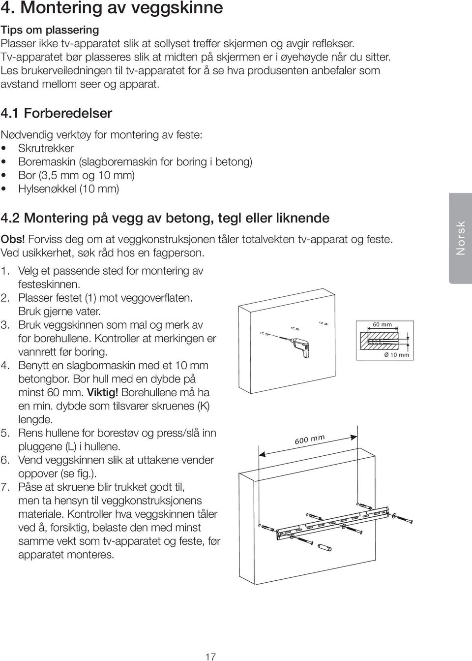 1 Forberedelser Nødvendig verktøy for montering av feste: Skrutrekker Boremaskin (slagboremaskin for boring i betong) Bor (3,5 mm og 10 mm) Hylsenøkkel (10 mm) 4.