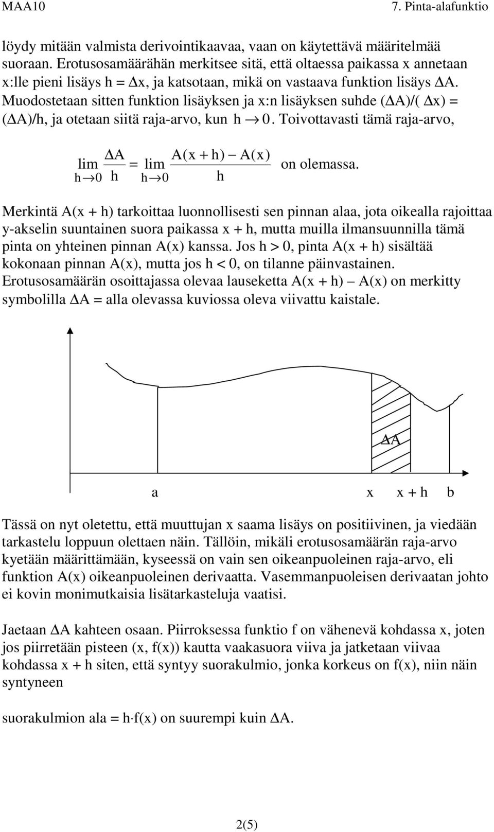 Muodostetaan sitten funktion lisäyksen ja x:n lisäyksen sude ()/( x) ()/, ja otetaan siitä raja-arvo, kun 0. Toivottavasti tämä raja-arvo, lim 0 A(x + ) A(x) lim 0 on olemassa.