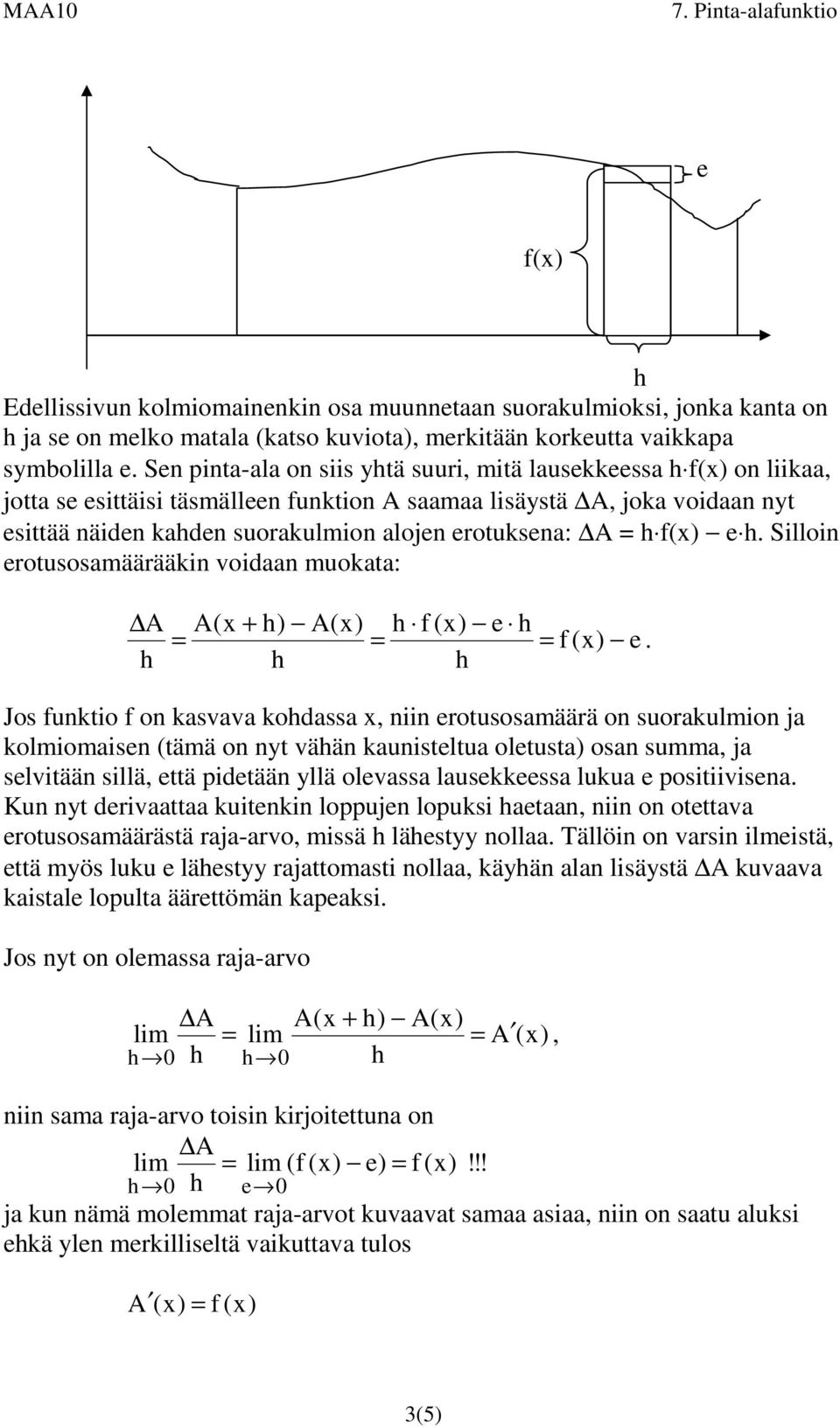 e. Silloin erotusosamäärääkin voidaan muokata: A(x + ) A(x) f (x) e f (x) e.